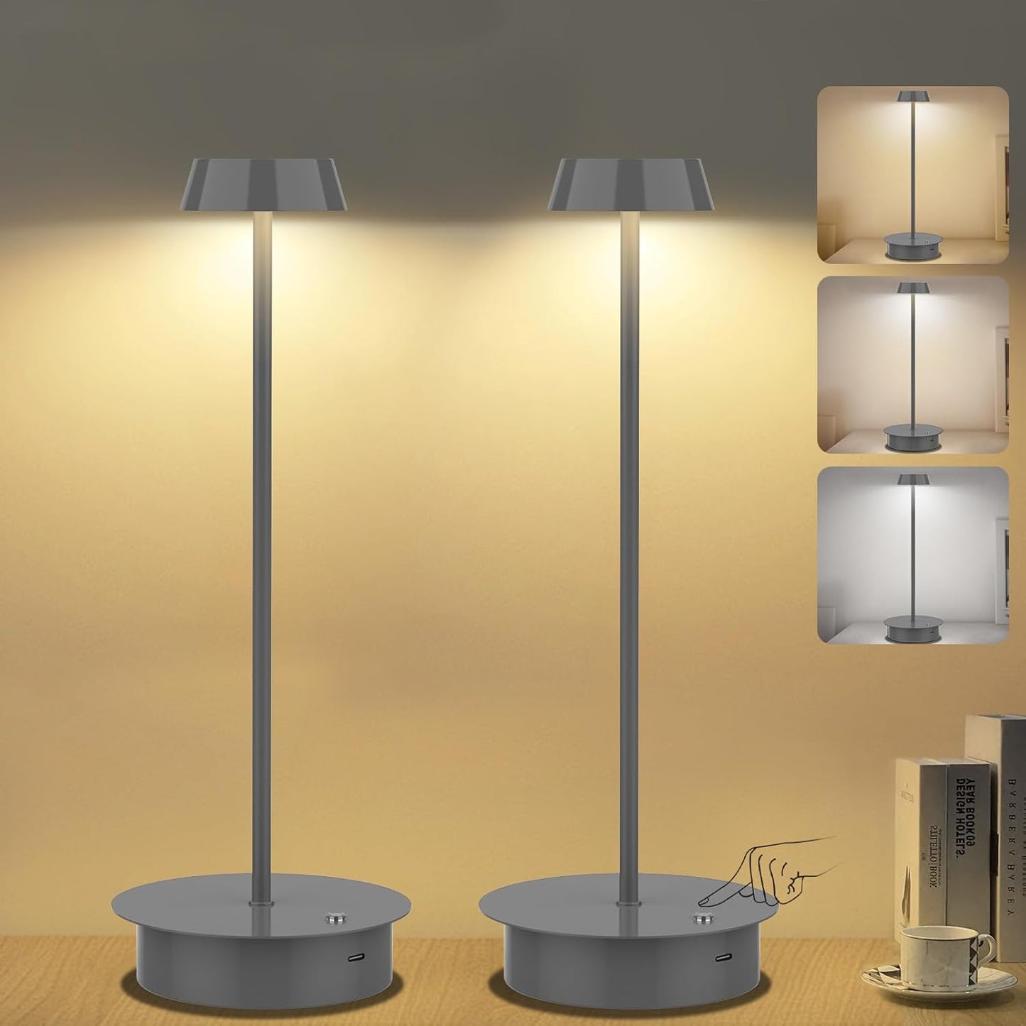 Paquete de 2 lámparas de mesa LED recargables: lámpara de mesa inalámbrica con control táctil