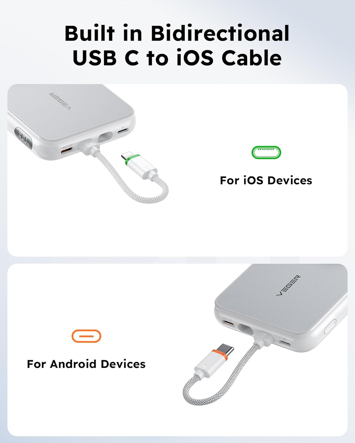 Veger Cargador Portátil Cable Integrado iPhone 15/14/13 Pro Max, Samsung
