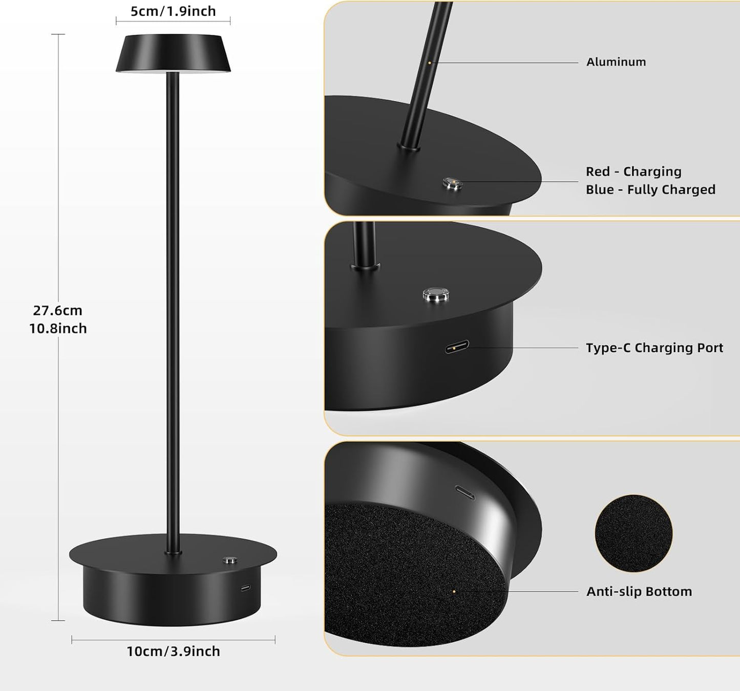 Paquete de 2 lámparas de mesa LED recargables: lámpara de mesa inalámbrica con control táctil