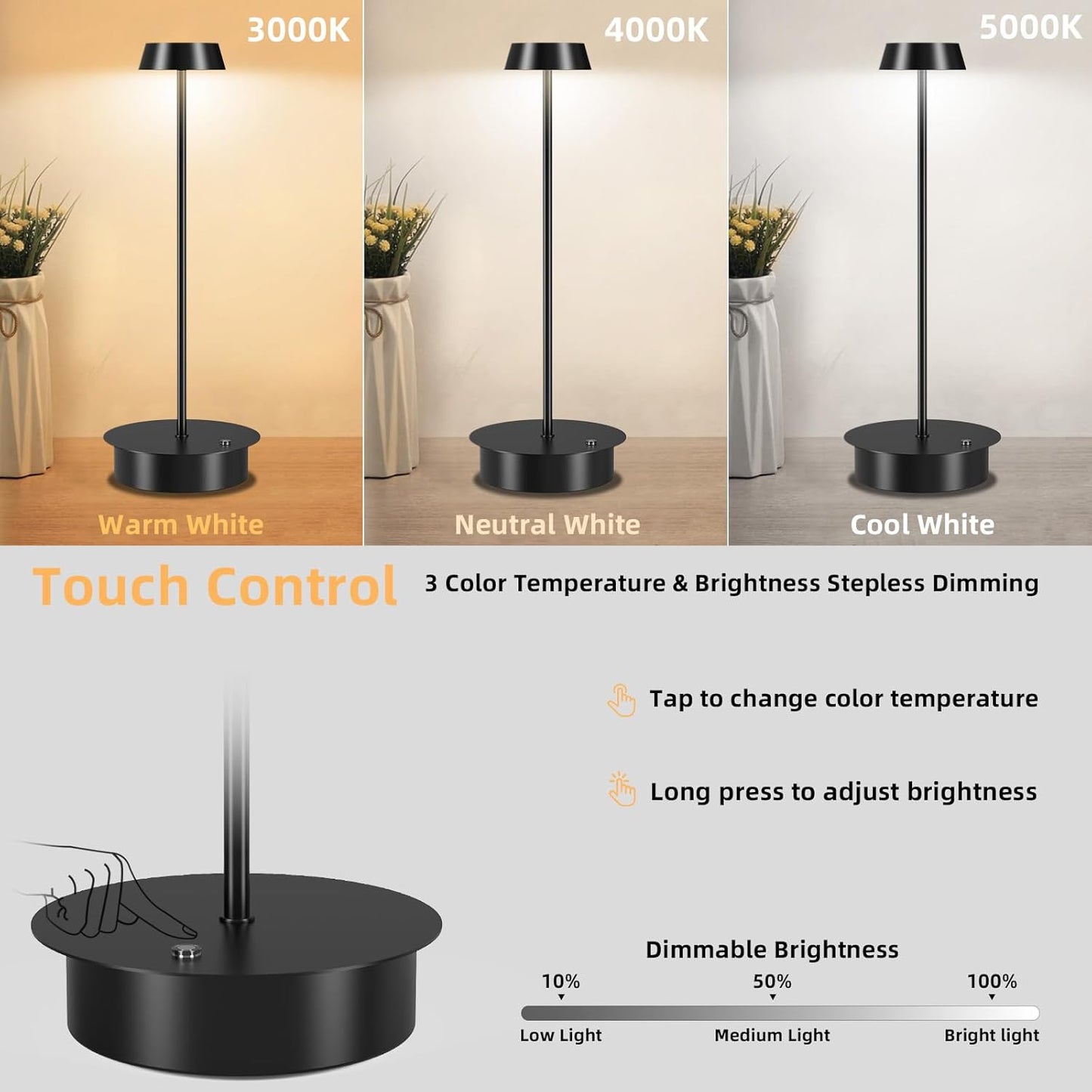 Paquete de 2 lámparas de mesa LED recargables: lámpara de mesa inalámbrica con control táctil