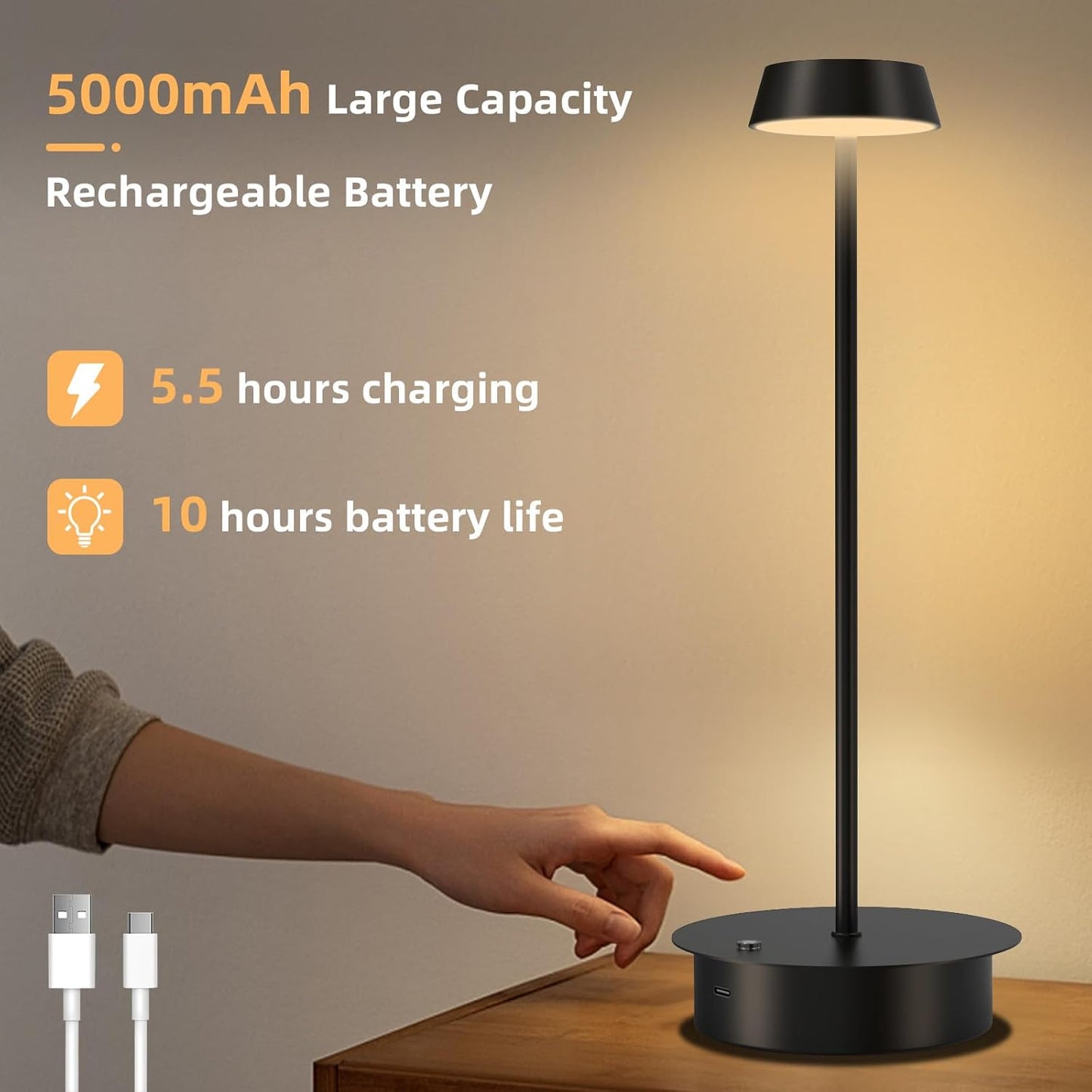 Paquete de 2 lámparas de mesa LED recargables: lámpara de mesa inalámbrica con control táctil