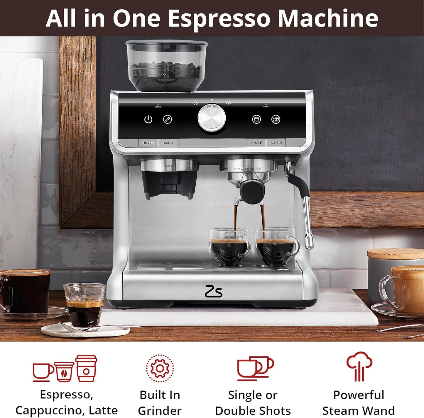 Máquina de Café de 20 Bares de Presión, Cafetera de Café Espresso de Acero Inoxidable, Capuchino y Macchiato con Espumador de Leche Tanque de Agua de 2.8 l, Kit de Barista de Máquina de Café Expreso