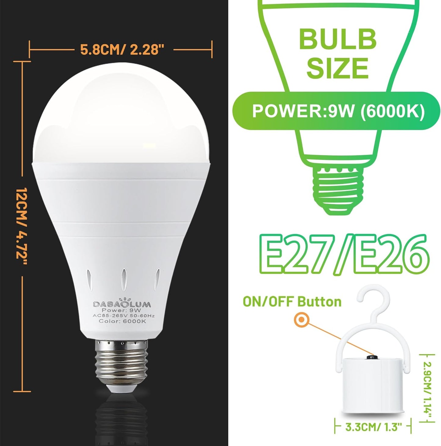 1 Bombilla de Emergencia Recargables, Bombilla LED Alimentada por Batería, de 9 W