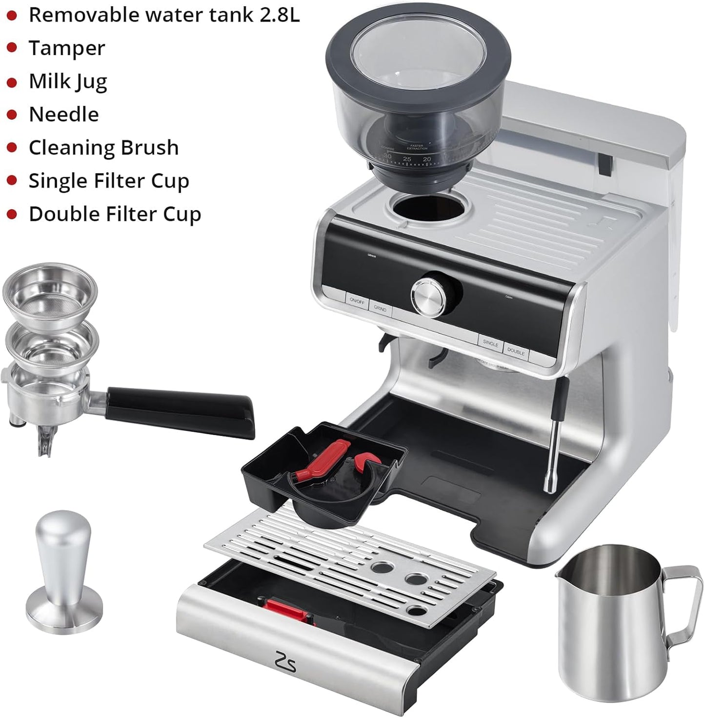 Máquina de Café de 20 Bares de Presión, Cafetera de Café Espresso de Acero Inoxidable, Capuchino y Macchiato con Espumador de Leche Tanque de Agua de 2.8 l, Kit de Barista de Máquina de Café Expreso