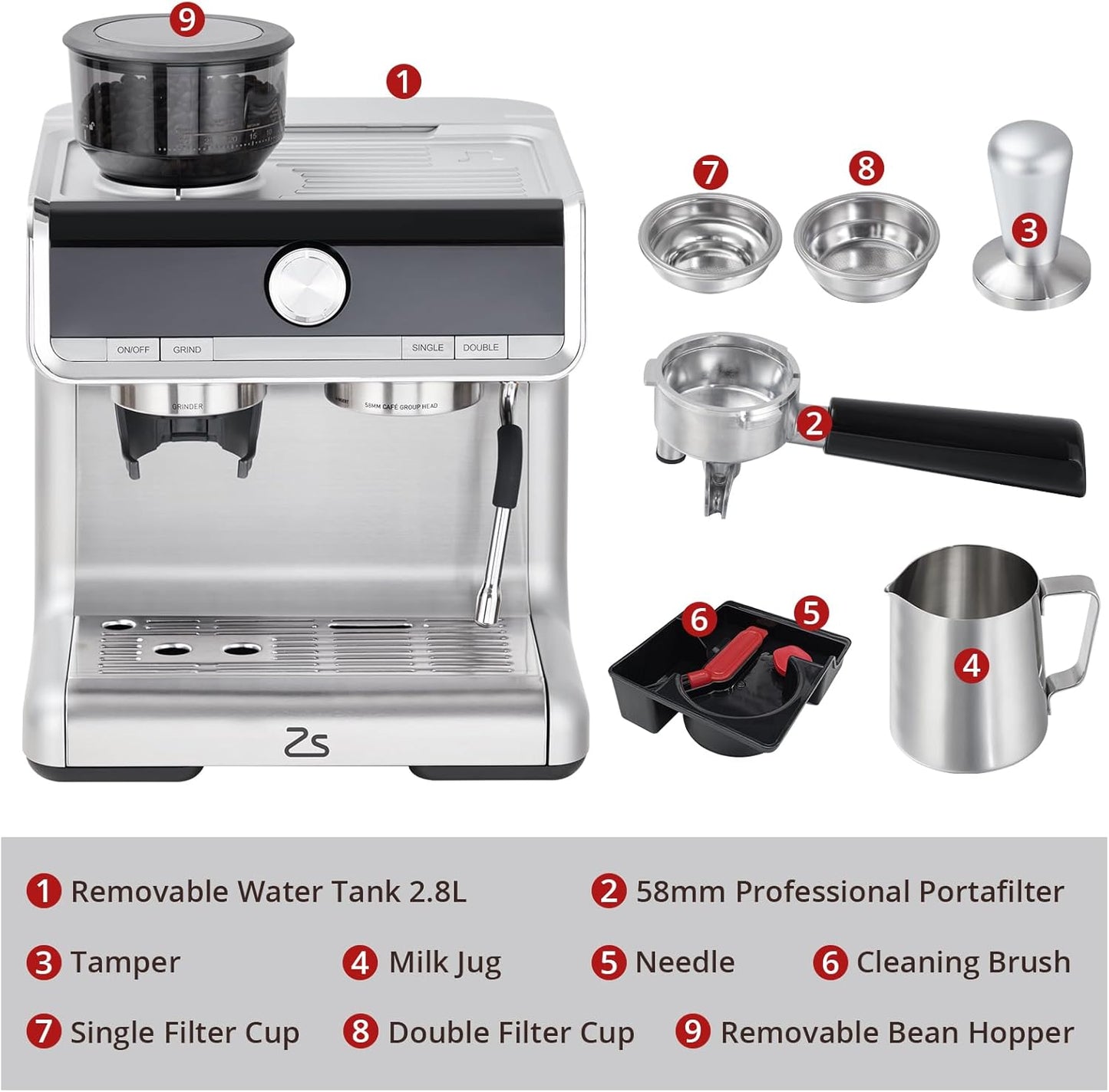 Máquina de Café de 20 Bares de Presión, Cafetera de Café Espresso de Acero Inoxidable, Capuchino y Macchiato con Espumador de Leche Tanque de Agua de 2.8 l, Kit de Barista de Máquina de Café Expreso
