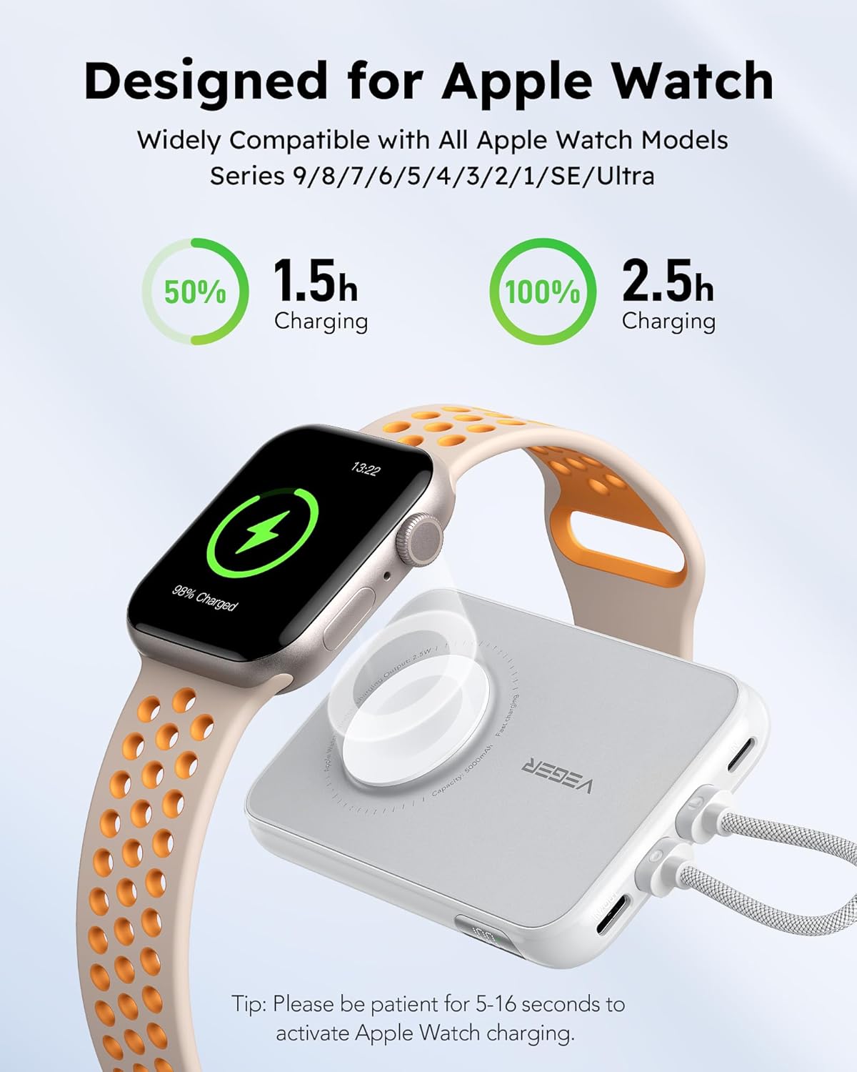 Veger Cargador Portátil Cable Integrado iPhone 15/14/13 Pro Max, Samsung