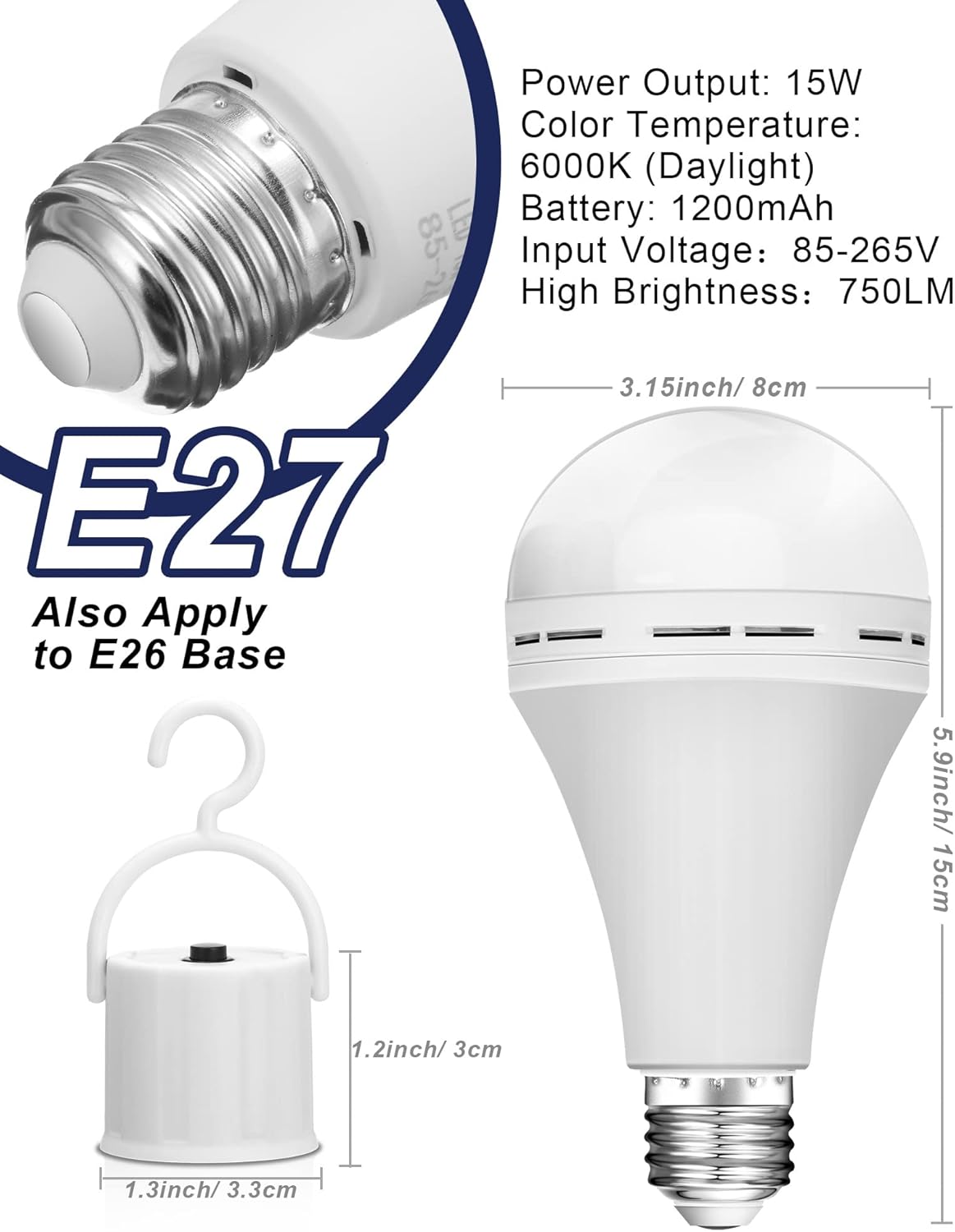 6 Bombillas LED de Emergencia Recargables de 15 W, luz de Emergencia de Reserva de Batería de 1200 mAh, Bombilla Para Cortes de Energía.