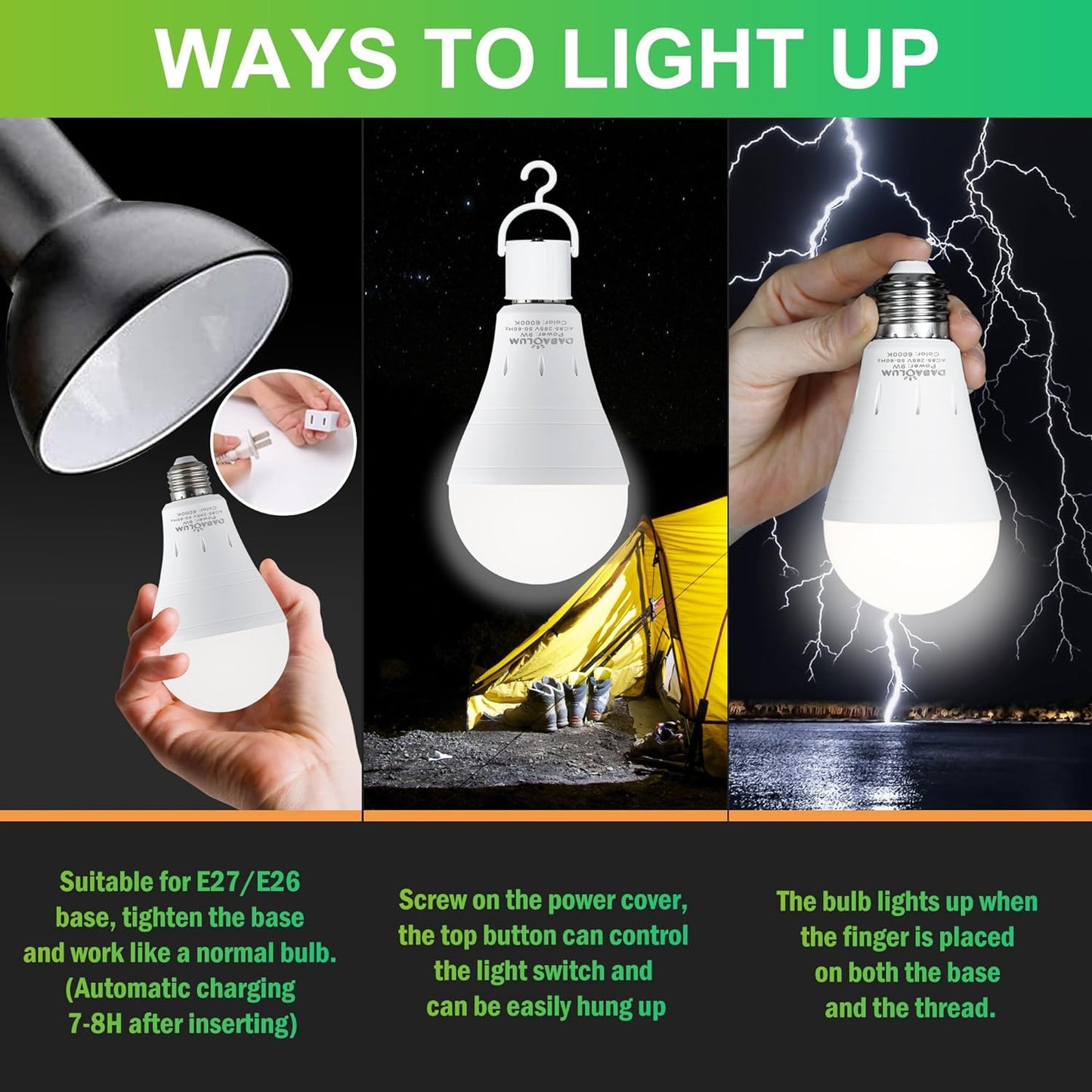 1 Bombilla de Emergencia Recargables, Bombilla LED Alimentada por Batería, de 9 W