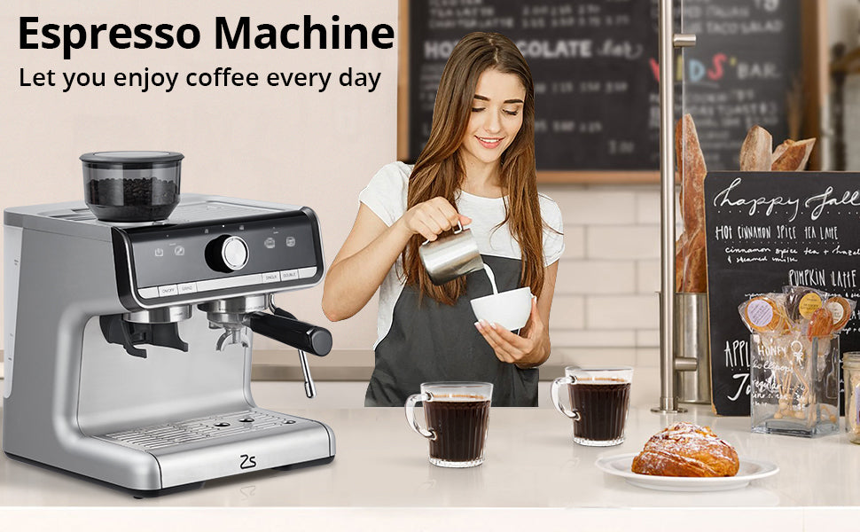 Máquina de Café de 20 Bares de Presión, Cafetera de Café Espresso de Acero Inoxidable, Capuchino y Macchiato con Espumador de Leche Tanque de Agua de 2.8 l, Kit de Barista de Máquina de Café Expreso