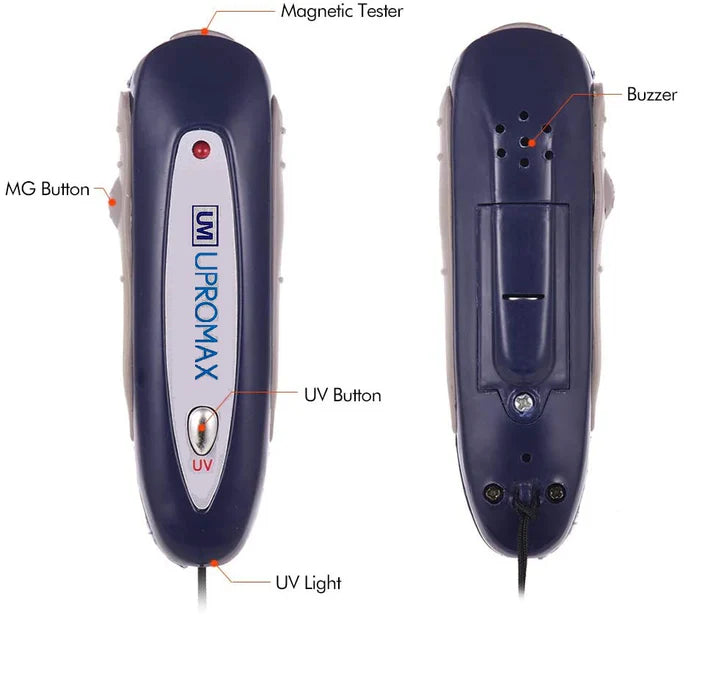 UproMax Detector de dinero portátil Upromax 2 en 1, minidetector de billetes falsos, comprobador de billetes, luz ultravioleta magnética, para dólares, euros
