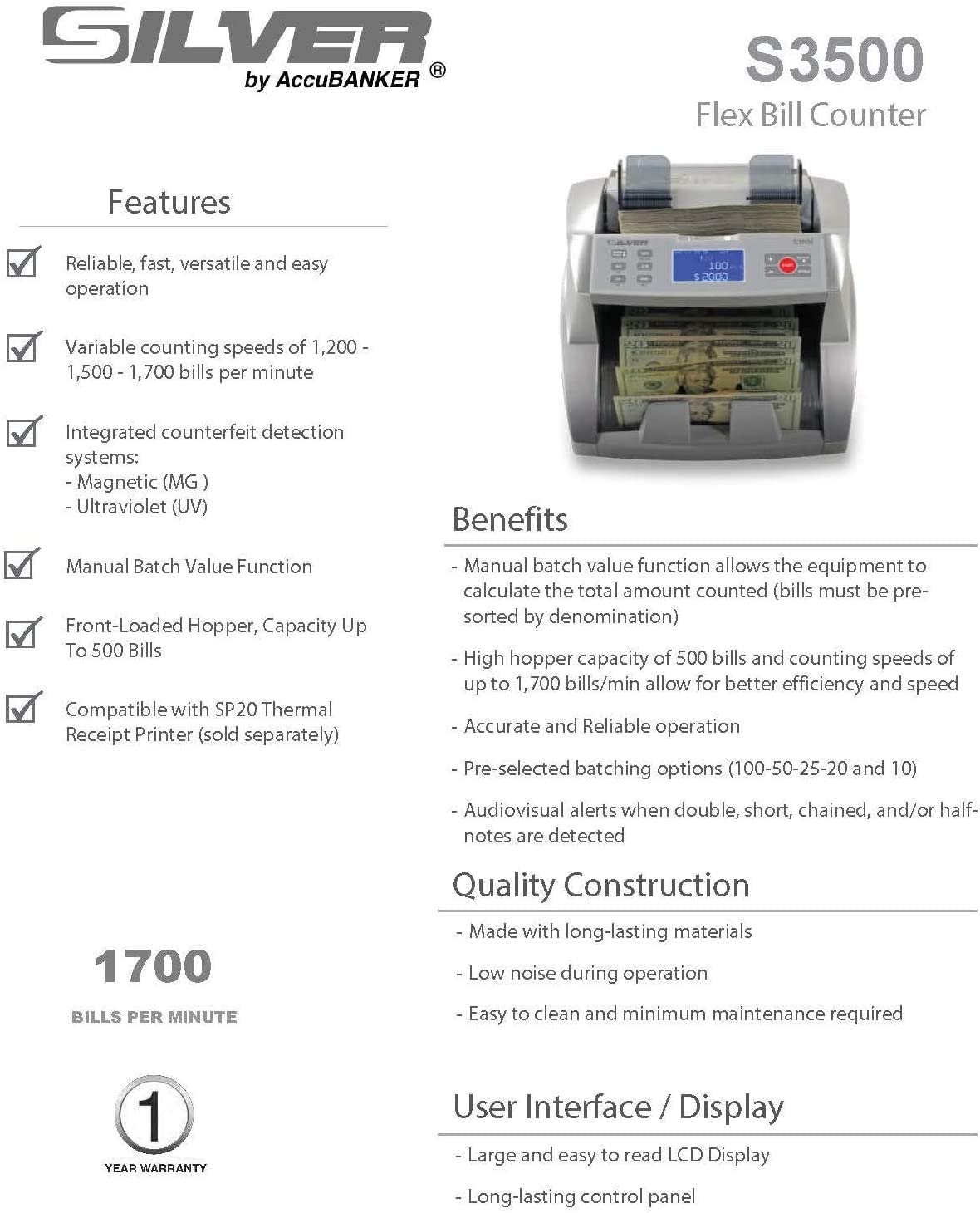 S3500 SILVER by AccuBanker Contador y Detector de Billetes con Selección de Denominación