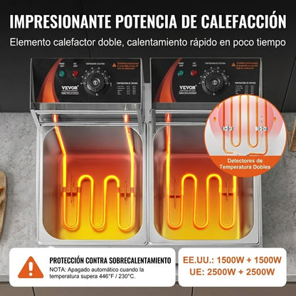 Freidora Profunda Comercial, Freidora Eléctrica de Encimera de Tanque Dual de 3000W