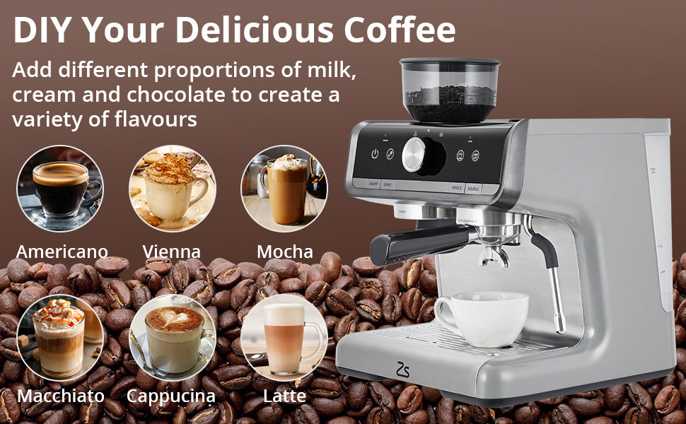 Máquina de Café de 20 Bares de Presión, Cafetera de Café Espresso de Acero Inoxidable, Capuchino y Macchiato con Espumador de Leche Tanque de Agua de 2.8 l, Kit de Barista de Máquina de Café Expreso