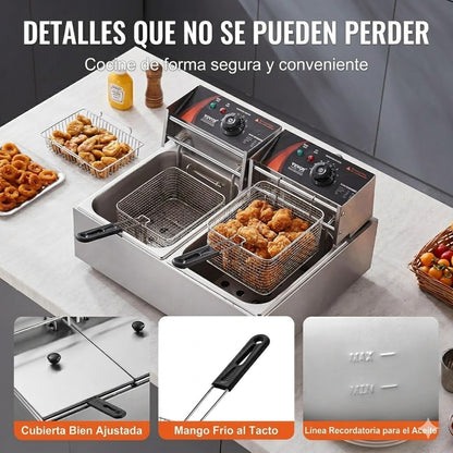 Freidora Profunda Comercial, Freidora Eléctrica de Encimera de Tanque Dual de 3000W