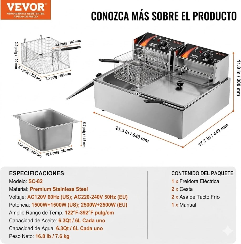 Freidora Profunda Comercial, Freidora Eléctrica de Encimera de Tanque Dual de 3000W
