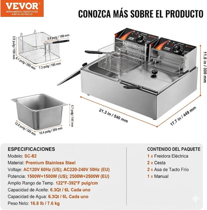 Freidora Profunda Comercial, Freidora Eléctrica de Encimera de Tanque Dual de 3000W