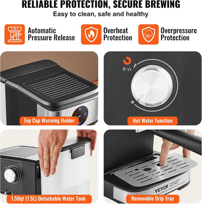 MAQUINA DE CAFE EXPRESO VEVOR 15 BARES CON ESPUMADOR DE LECHE DIGITAL.