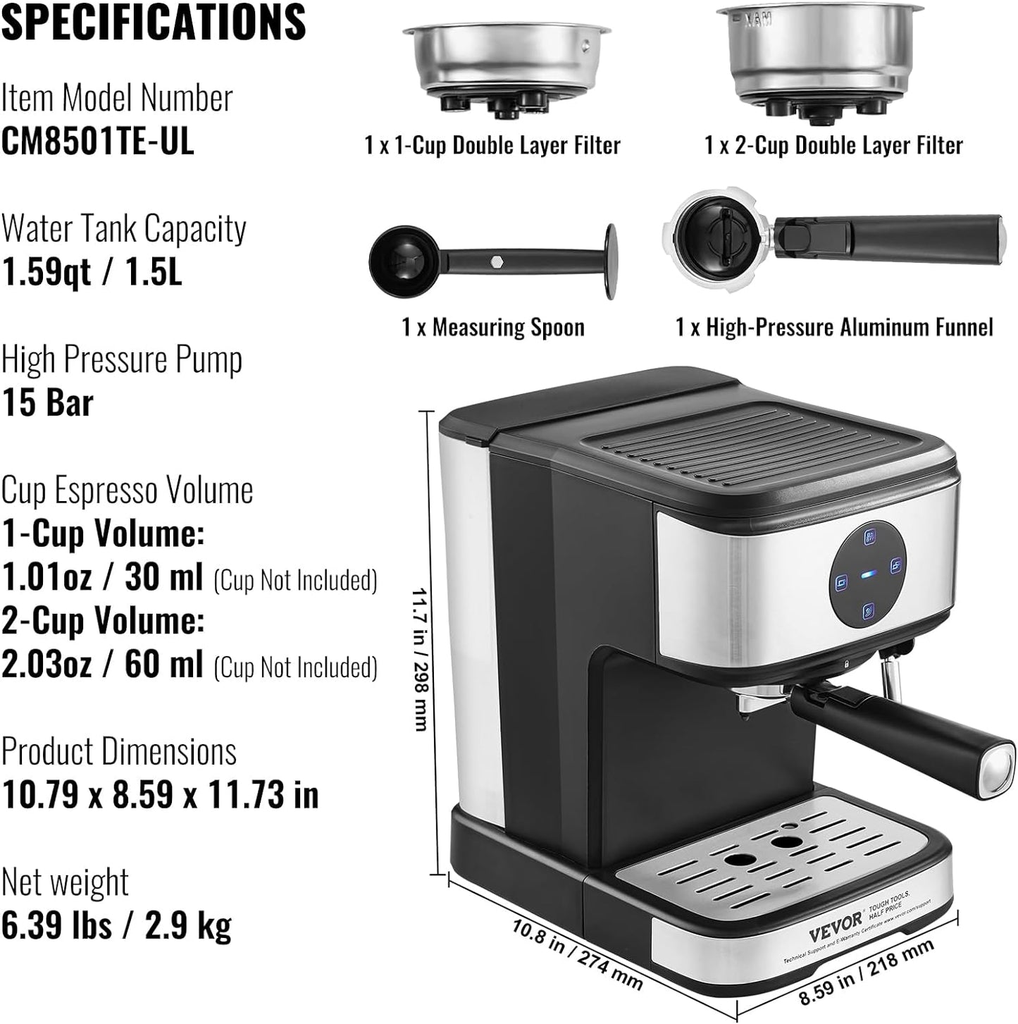MAQUINA DE CAFE EXPRESO VEVOR 15 BARES CON ESPUMADOR DE LECHE DIGITAL.