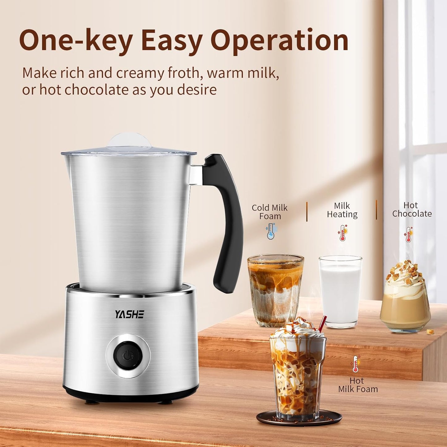 Espumador de leche Yashe, eléctrico 4 en 1, para latte, capuchino, chocolate caliente.