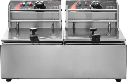Freidora Profunda Comercial, Freidora Eléctrica de Encimera de Tanque Dual de 3000W