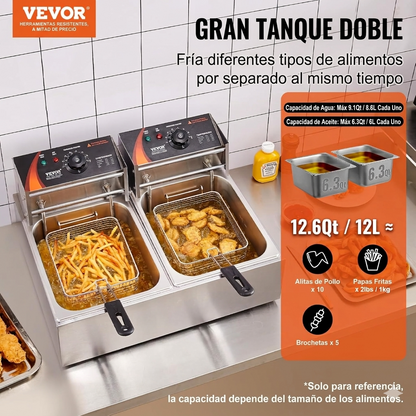 Freidora Profunda Comercial, Freidora Eléctrica de Encimera de Tanque Dual de 3000W